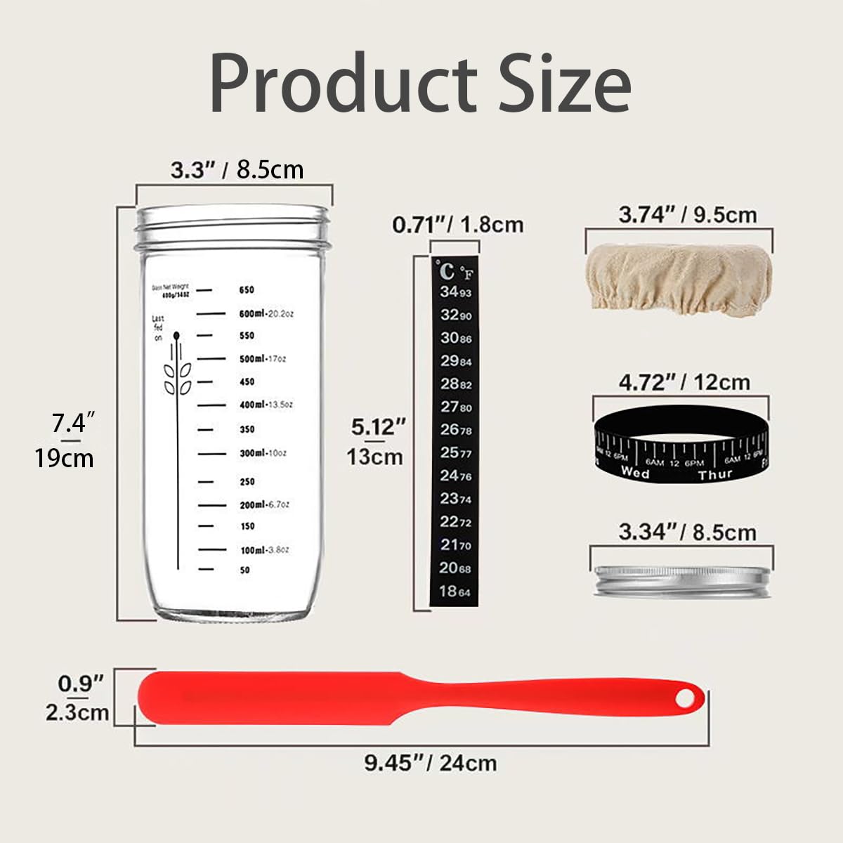 Kit de iniciación de masa madre, tarro de fermentación 730 ml, vidrio, espátula, termómetro, funda de tela, tapa metálica