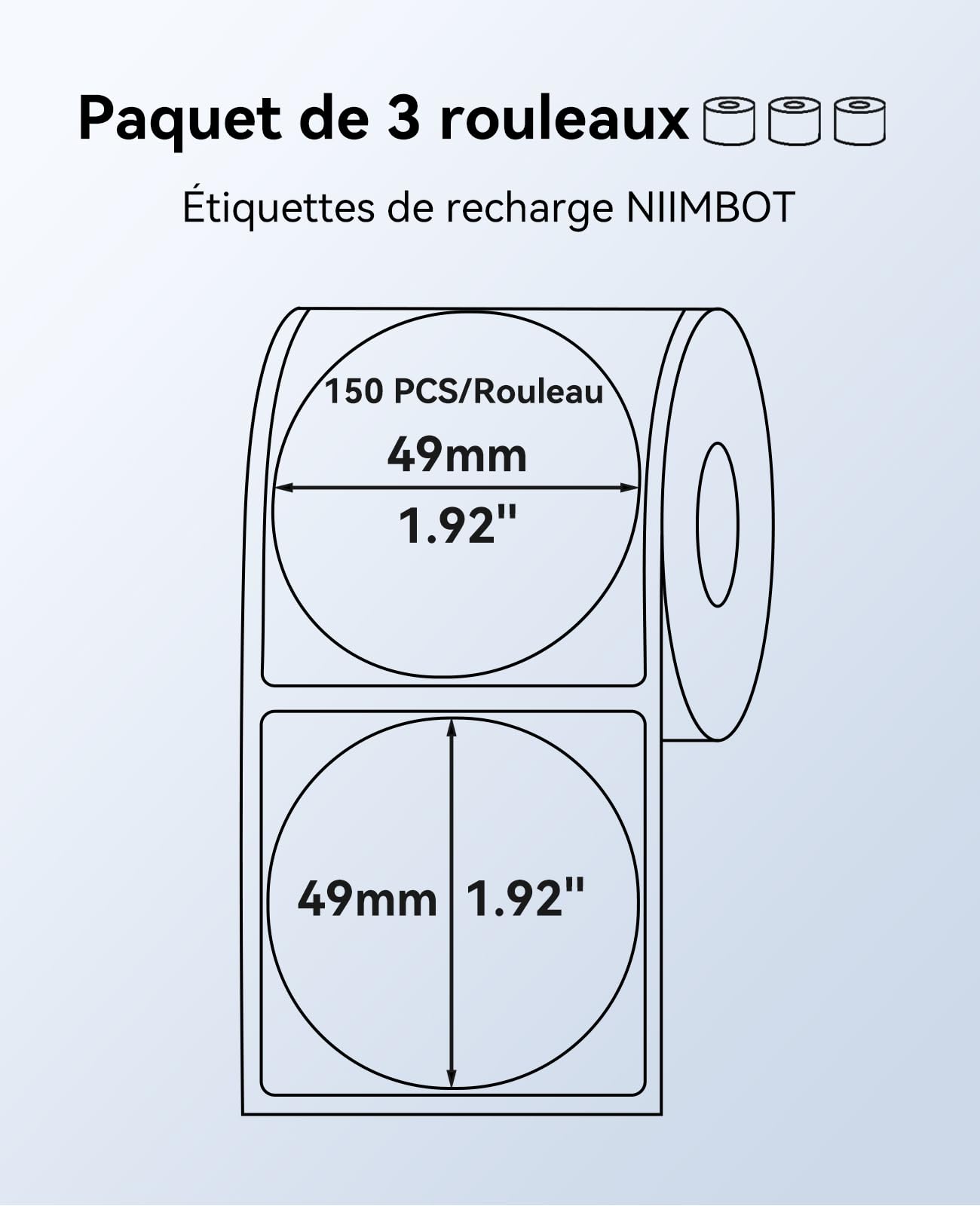 NIIMBOT 3 Rouleaus Etiquette Pour B1 B2 B21 B3S B31 B4 K3 Imprimante,Autocollantes Rond Etiquette 50x50mm(2"x2"),150 Pcs/Rouleau, Blanc