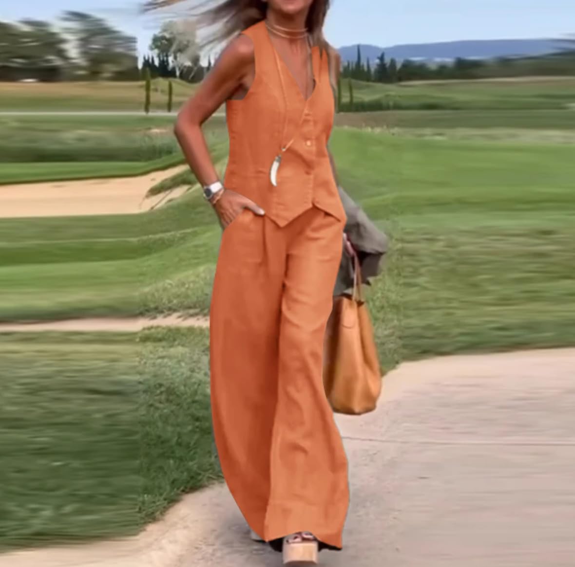 Completo Donna Completo Da Donna In Due Pezzi Di Cotone E Lino Senza Maniche Con Gilet Abbottonato E Scollo A V E Pantaloni A Gamba Larga Set Estivo Casual Ed Elegante Perfetto Per Vacanze Al Resort