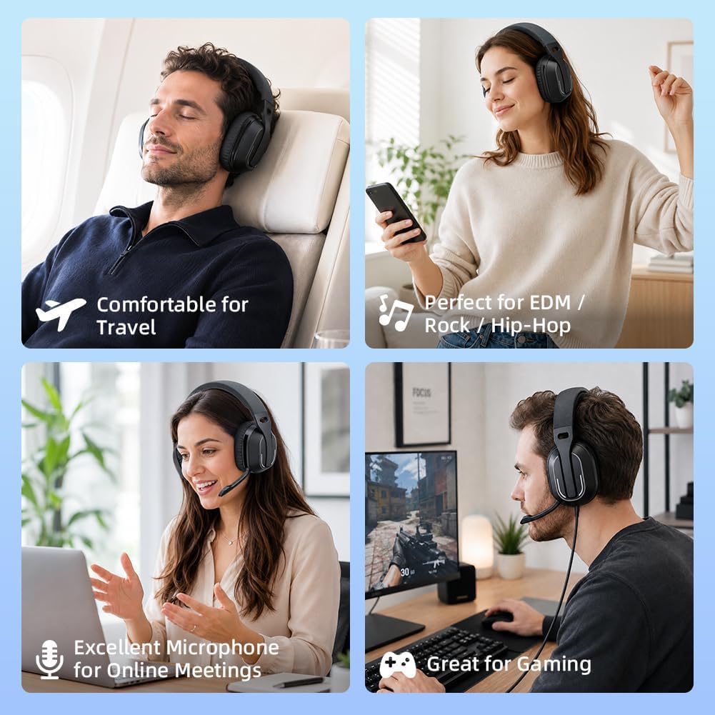 WH-88 Casque Bluetooth, Casque Circum-auriculaire avec Basses intenses et Son immersif, Jusqu’à 50 h d’autonomie, Bluetooth 6.0, Mode Filaire USB-C, multipoint, Microphone, Pliable, Noir