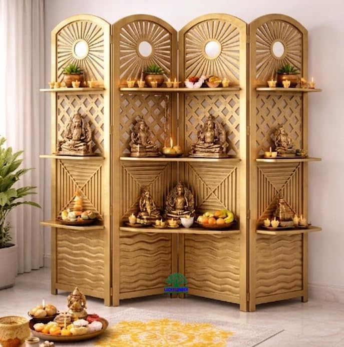 Image of 4 Panel Wooden Room Partition Divider with Decorative Display Shelves | Foldable Privacy Screen for Living Room, Hall, Office & Bedroom | Elegant Gold Finish Home Decor