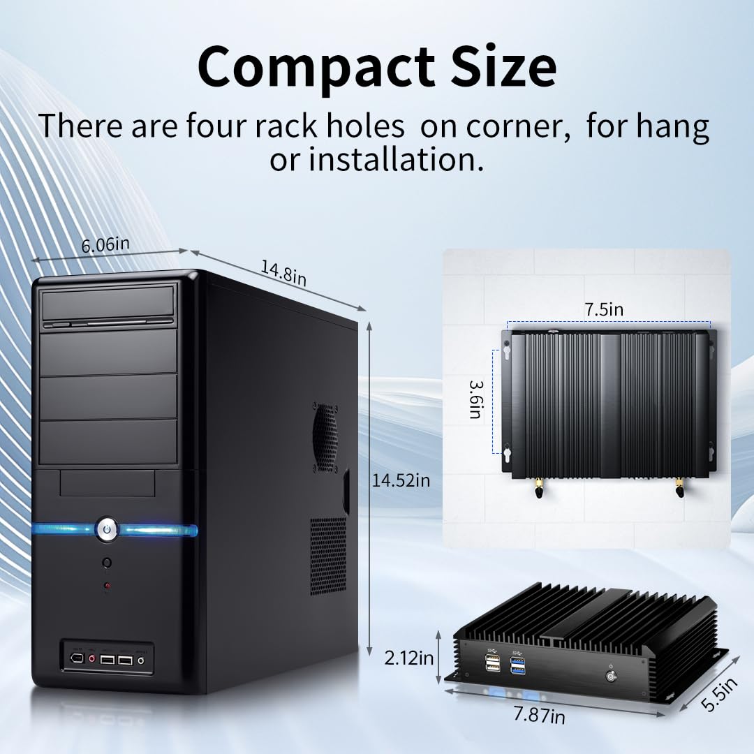 Mini PC Industriale, Computer Fanless con Core i7-5500U (2.4-3.0 GHz), 16GB RAM, 256GB SSD, 1* HDMI, 1* VGA, 2* COM RS232, Doppia LAN, WiFi/4G, WOL, Accensione Automatica, Windows 10 Pro
