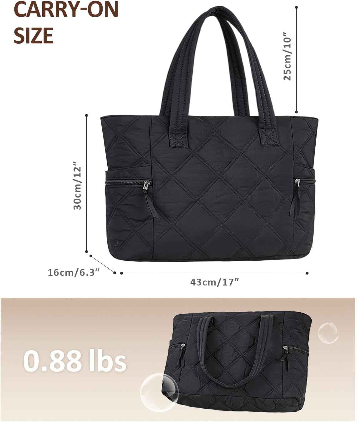 Prite Quilted Tote Bag for Women, Lightweight Puffer Tote with Zipper, Travel Work Nurse Gym Bag(Black) - Image 6