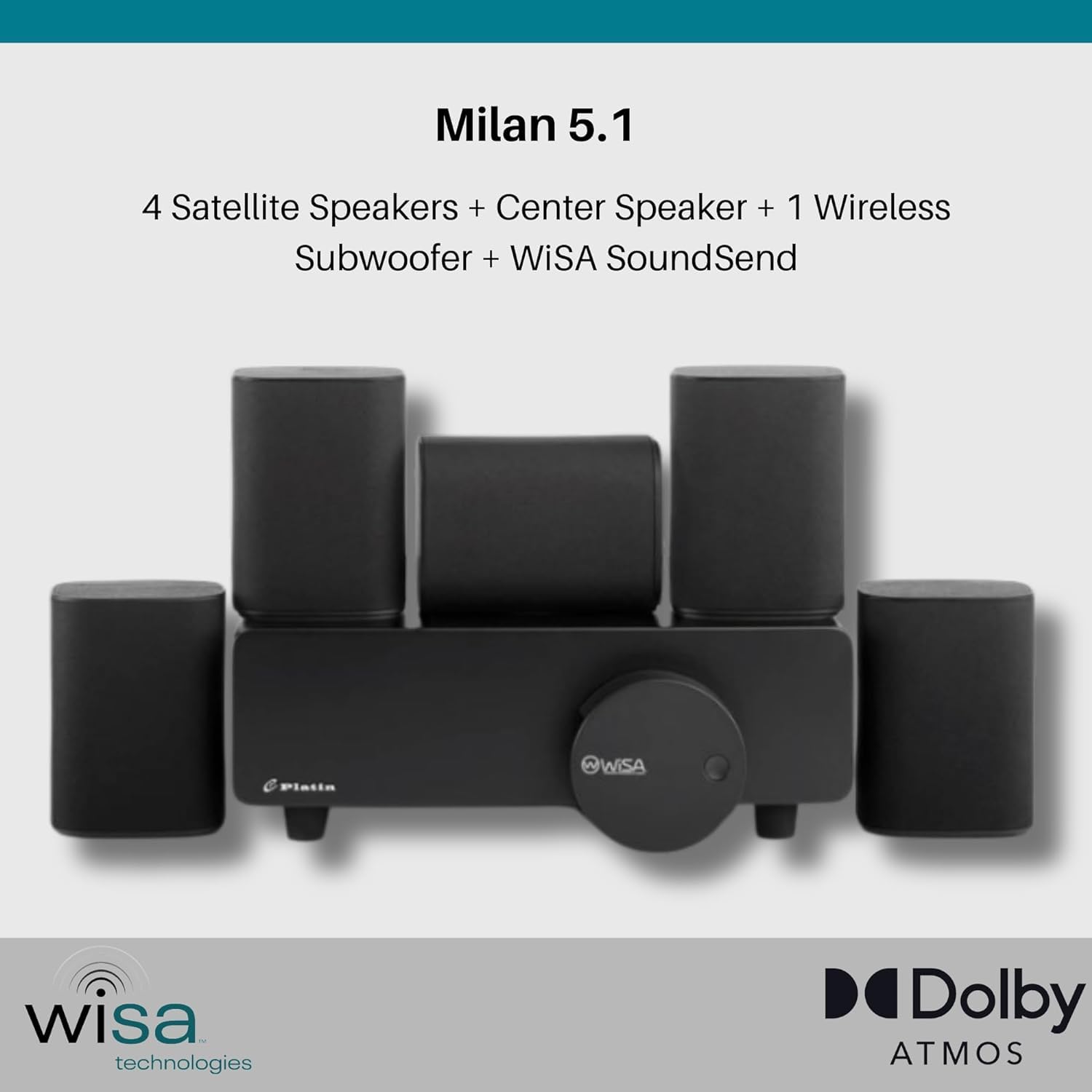 Milan Système audio 5.1 sans fil – Système audio home cinéma avec WiSA Low Latency, son surround pour TV, petit salon et appartement, compact, noir
