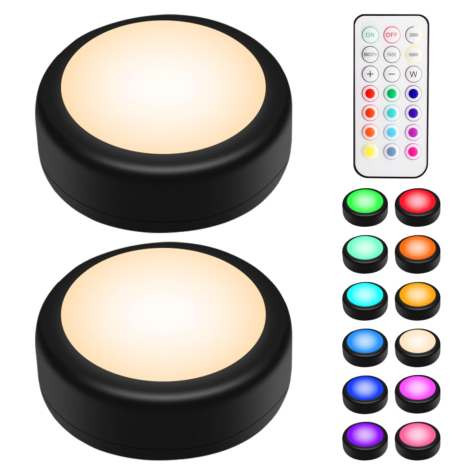 BLS LED Puck Lights with Remote, RGB 13 Color Changing Under Cabinet Lighting Wireless, AA Battery Operated, Tap, Touch, Push Stick on Lights for Closet, Kitchen, Night, Dimmer & Timer, Black, 2 Pack-image-48