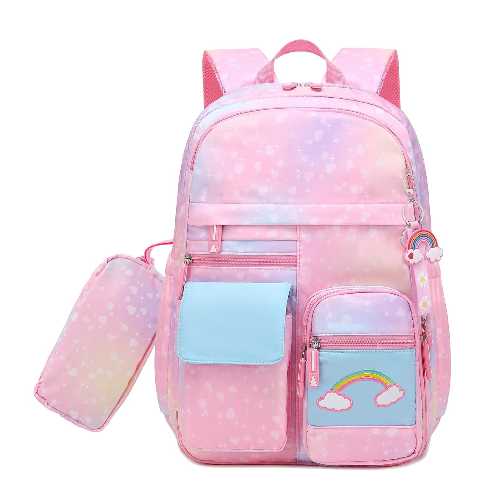 RLXGCZ School Backpack for Girls Rainbow Cute Kids Backpack for Back to School Laptop Travel Bag With pencil Case (Pink set)