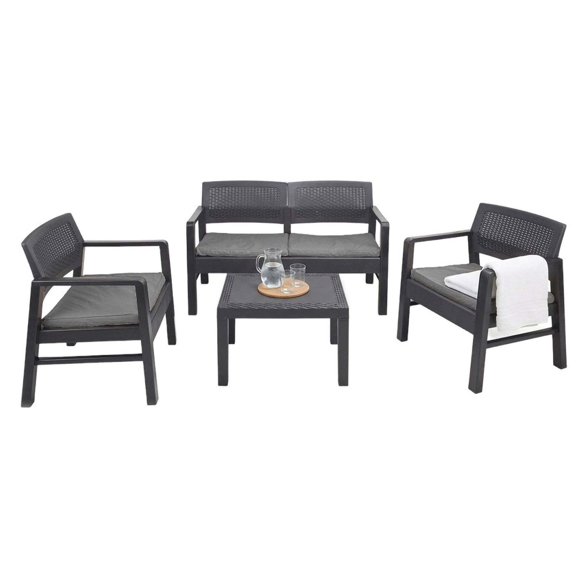 Dmora - Set Salotto da Esterno Carpi, Composizione da Giardino con 2 poltrone, 1 Divano ed 1 tavolino, Salottino Effetto Rattan con Cuscini, 100% Made in Italy, Antracite