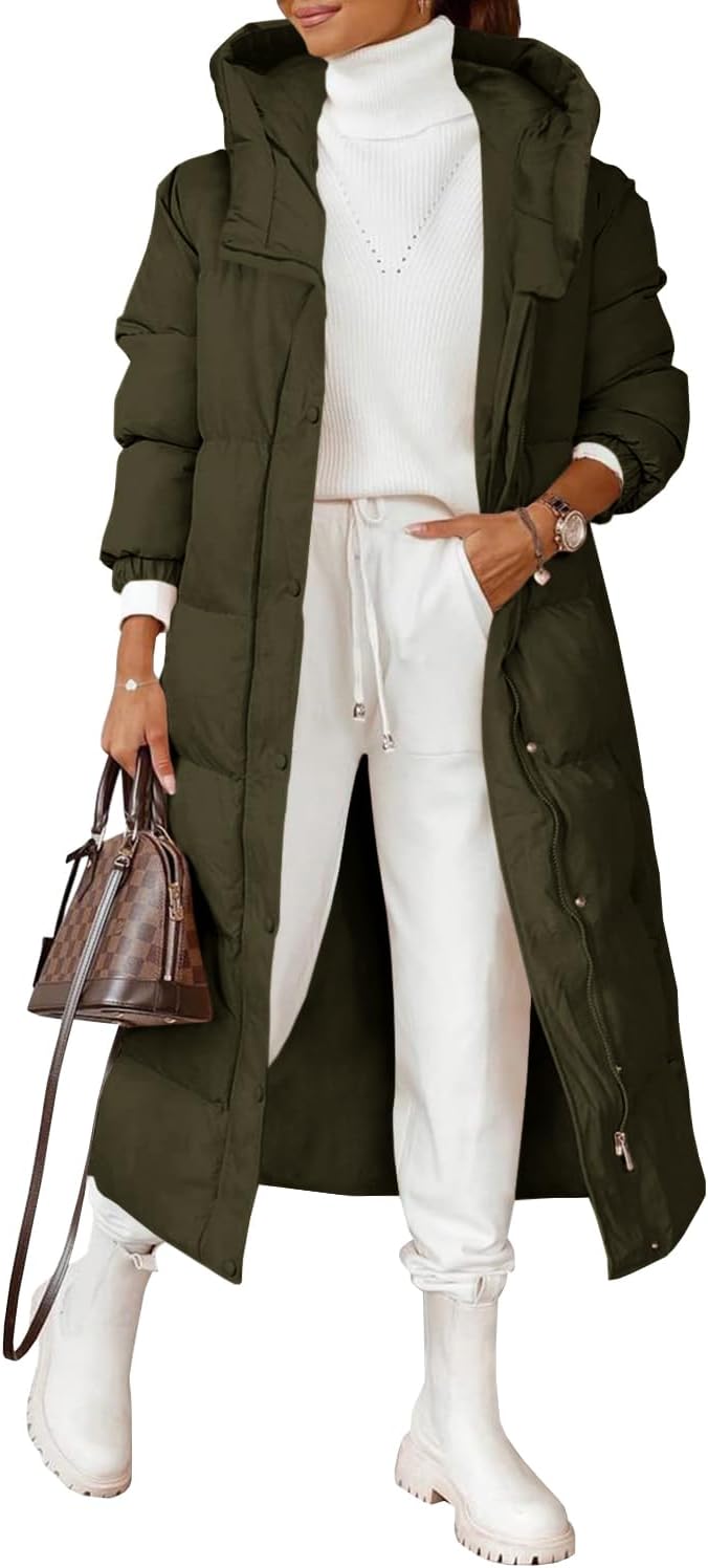 Grlasen Women Long Quilted Coat Winter Hooded Long Sleeve Button Down Puffer Padded Jacket