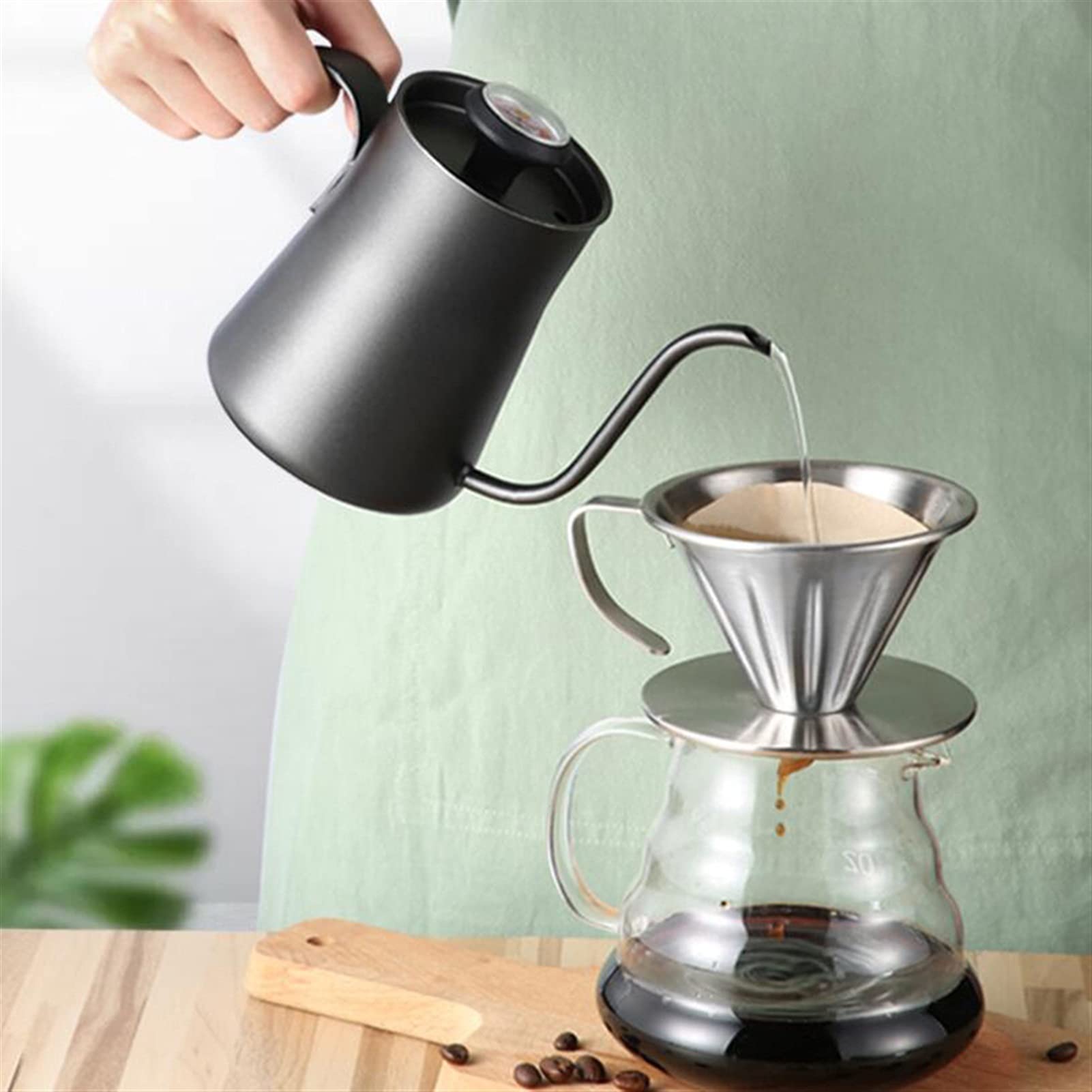 Czajnik do kawy, czajnik do kawy, nalewanie czajnika z szyjką do herbaty z termometrem do herbaty 550 ml kawy antykorozyjnej, słoik do kawy, długie usta, ekspres do kawy