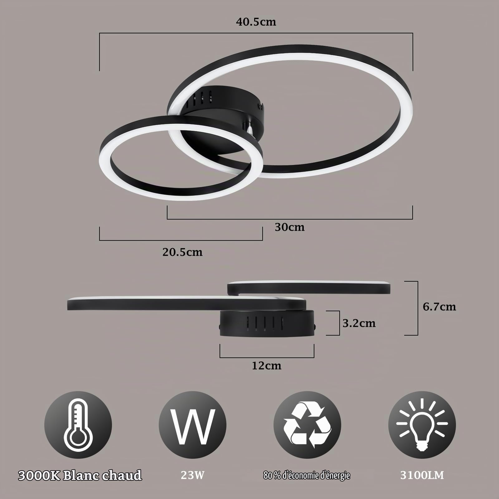 Homefire Plafonnier LED pour salon, 2 anneaux - 40 cm, noir, éclairage de