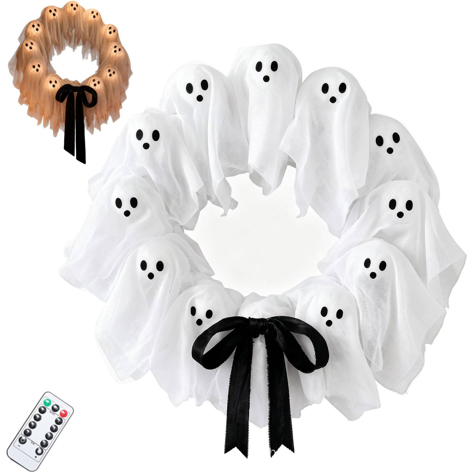 Ghirlanda Fantasma Luminosa di Halloween da 30/35 cm, Decorazione Bianca | Con Telecomando, A Batteria & Facile da Appendere, Forte Atmosfera Halloween, per Porta d’Ingresso, Parete, Festa(30cm)