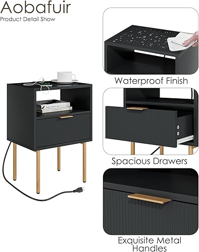 Miniatura 8 de Mesita de noche con estación de carga, cómoda con cajón para dormitorio, mesa auxiliar pequeña con cajón, mesita de noche, mesa auxiliar con marco