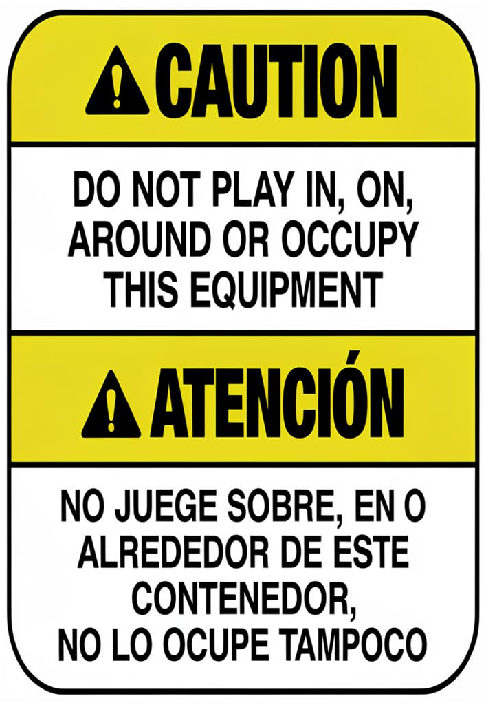 peiyeety CAUTION/ATENCIÓN Safety Warning Tin Sign 12x8 Inch, Bilingual English Spanish DoPlay In, On, Around or Occupy This Equipment Metal Wall Decor for Playground, Pool, Park, School, Jobsite