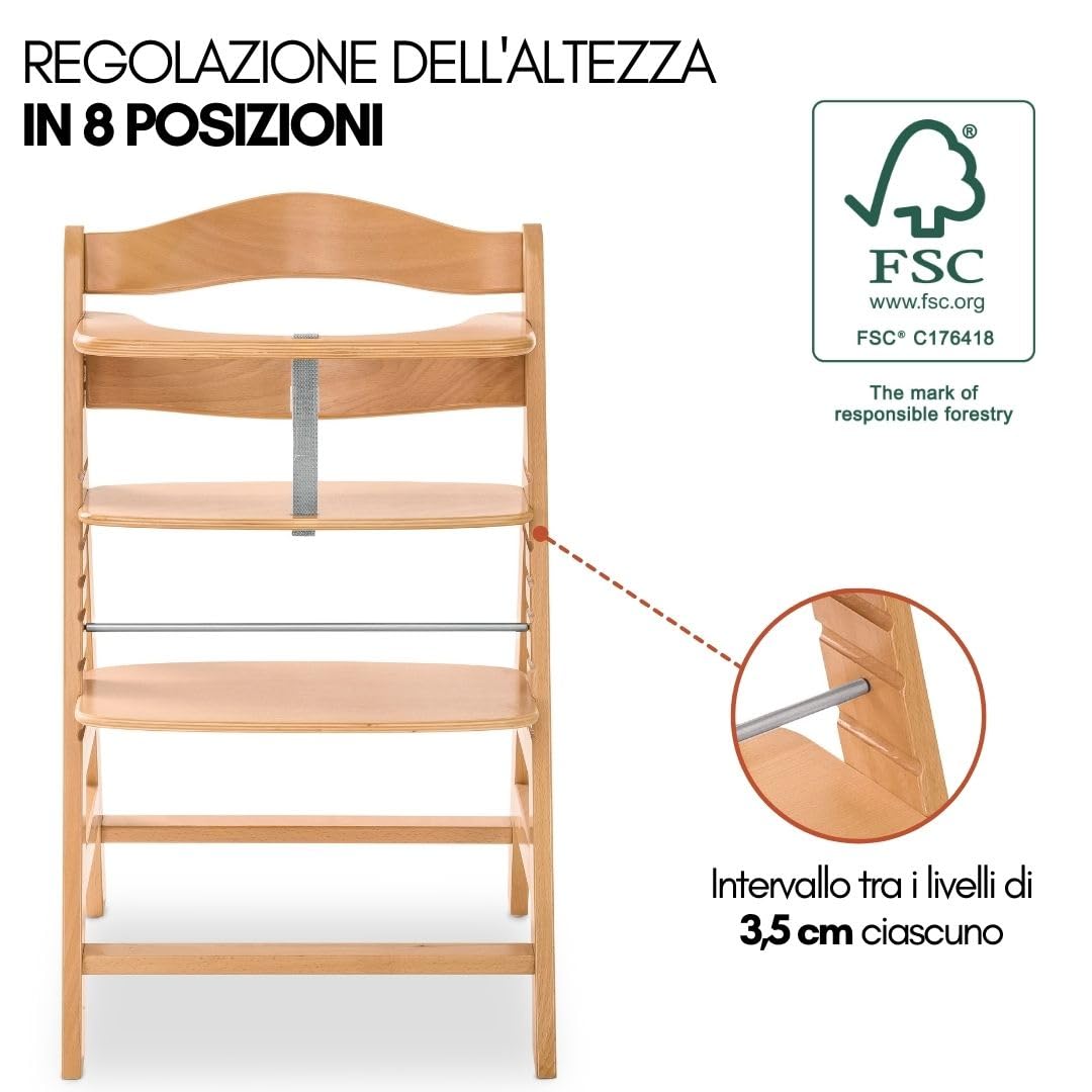 hauck Seggiolone Pappa Alpha Plus con Vassoio per Giochi in Legno, Cuscino - Seggiolone Evolutivo Legno dai 6 mesi - Naturale, Grigio scuro