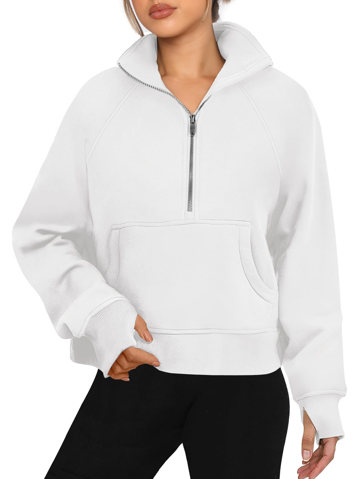 ANRABESS Women's Cropped Sweatshirts Half Zip Pullover Fleece Quarter Zipper Hoodies Thumb Hole Sweaters 2024 Clothes White X-Large