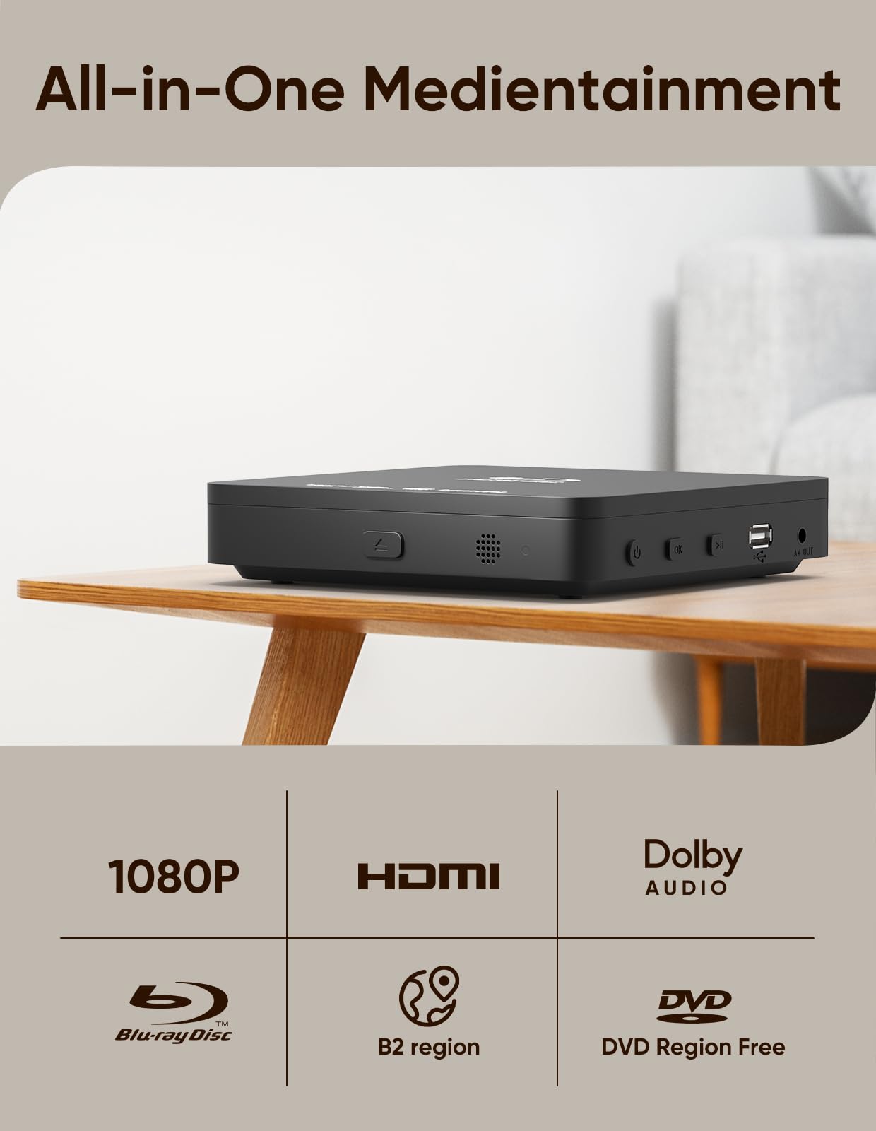 Lecteur Blu Ray 1080P Blu Ray pour home cinéma - Lecture de tous les DVD et région B 2 Blu Rays - Prise en charge d'une clé USB 128 Go avec sortie HDMI et AV - Convertisseur PAL NTSC et câble de