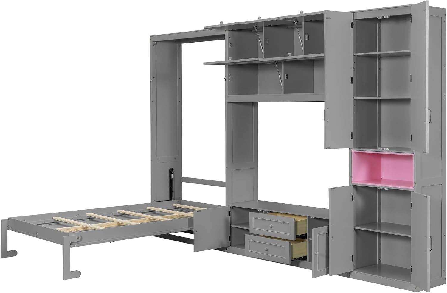 Ball & Cast Twin Size Murphy Bed with Integrated TV Stand and 2 Storage Drawers,Wood Hideaway Wall Beds w/Shelves & Cabinets,can be Folded,Space-Saving,for Small Room,Dorms,Color-Blocking Design,Gray