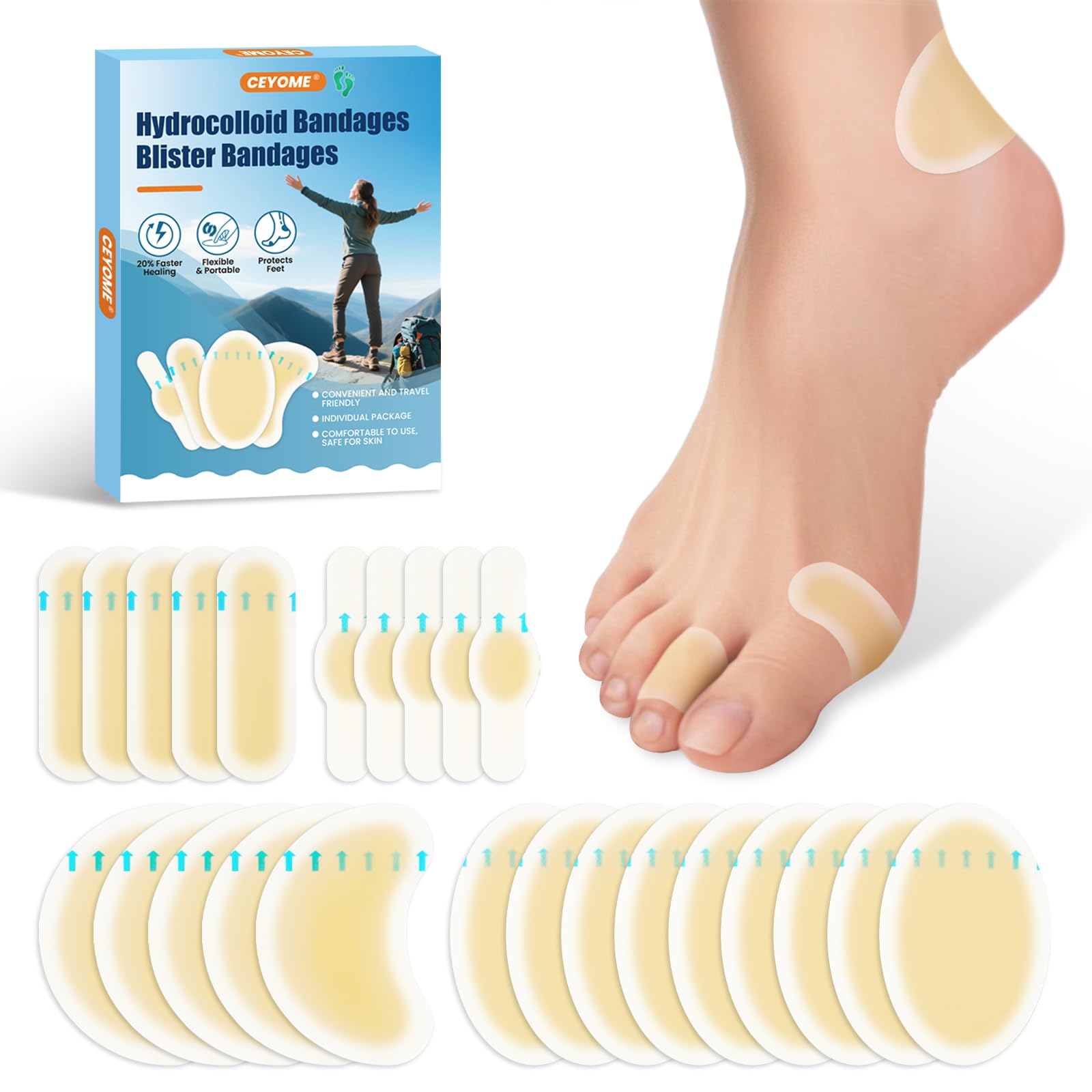 Gel Blister Bandages Hydrocolloid Bandages for Sports,Runners & Travel - 24ct Blister Cushions for Feet, Toe & Heel -Water Resistant Blister Pads for
