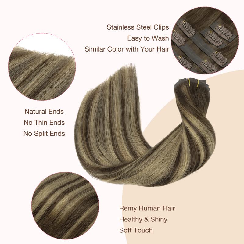 Image of GOO GOO Clip in Hair Extensions Real Human Hair, Remy Human Hair Extensions Clip ins for Women, Natural Human Hair, 22inch 110g 7Pcs, 4 /26 /4 Balayage Chocolate Brown to Honey Blonde