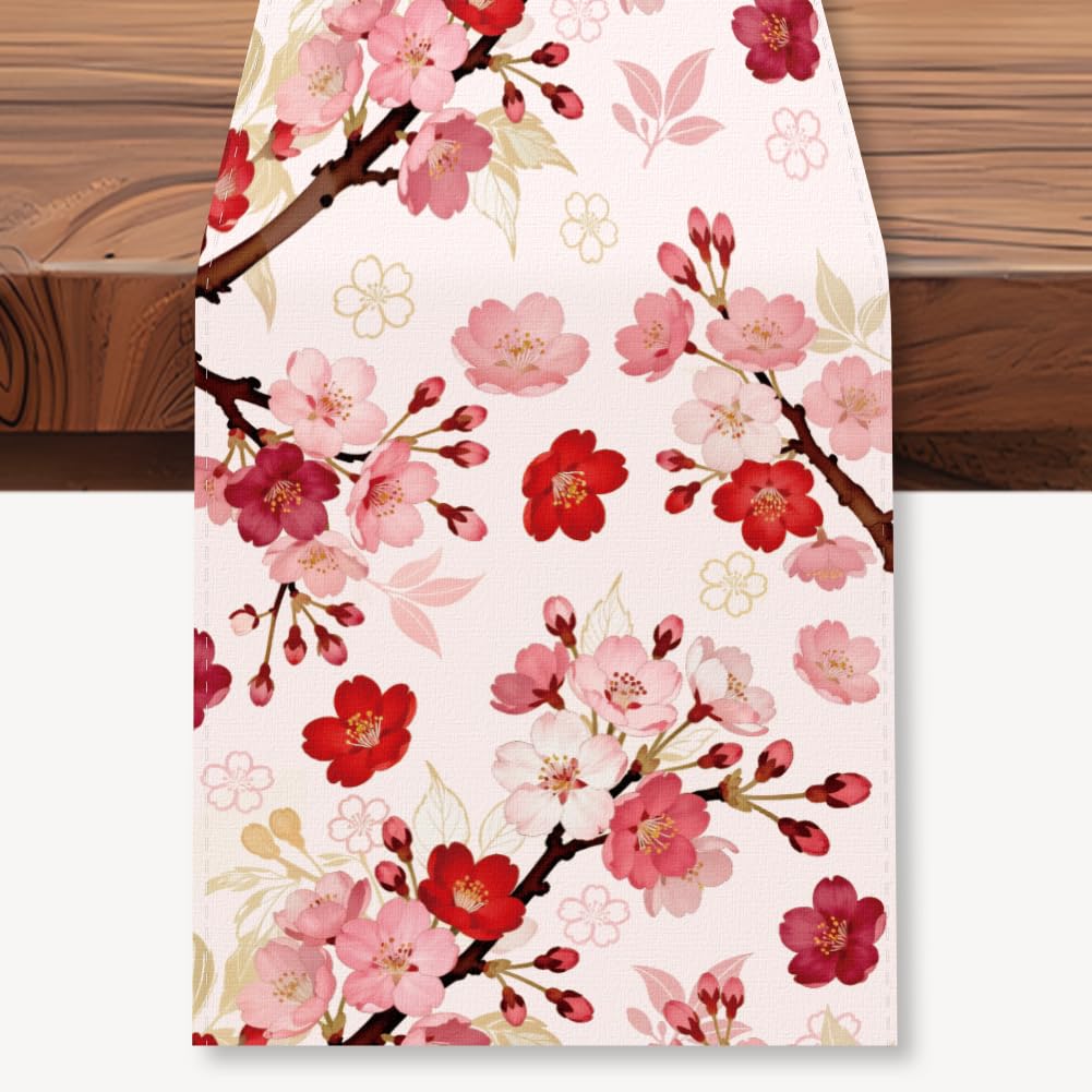 WADORN Pink Cherry Blossom Table Runner, 13x72 Inch Japanese Pink Sakura Floral Kitchen Dining Table Decoration Oriental Aesthetic Cherry Tables Runner for Spring Summer Home Anniversary Wedding