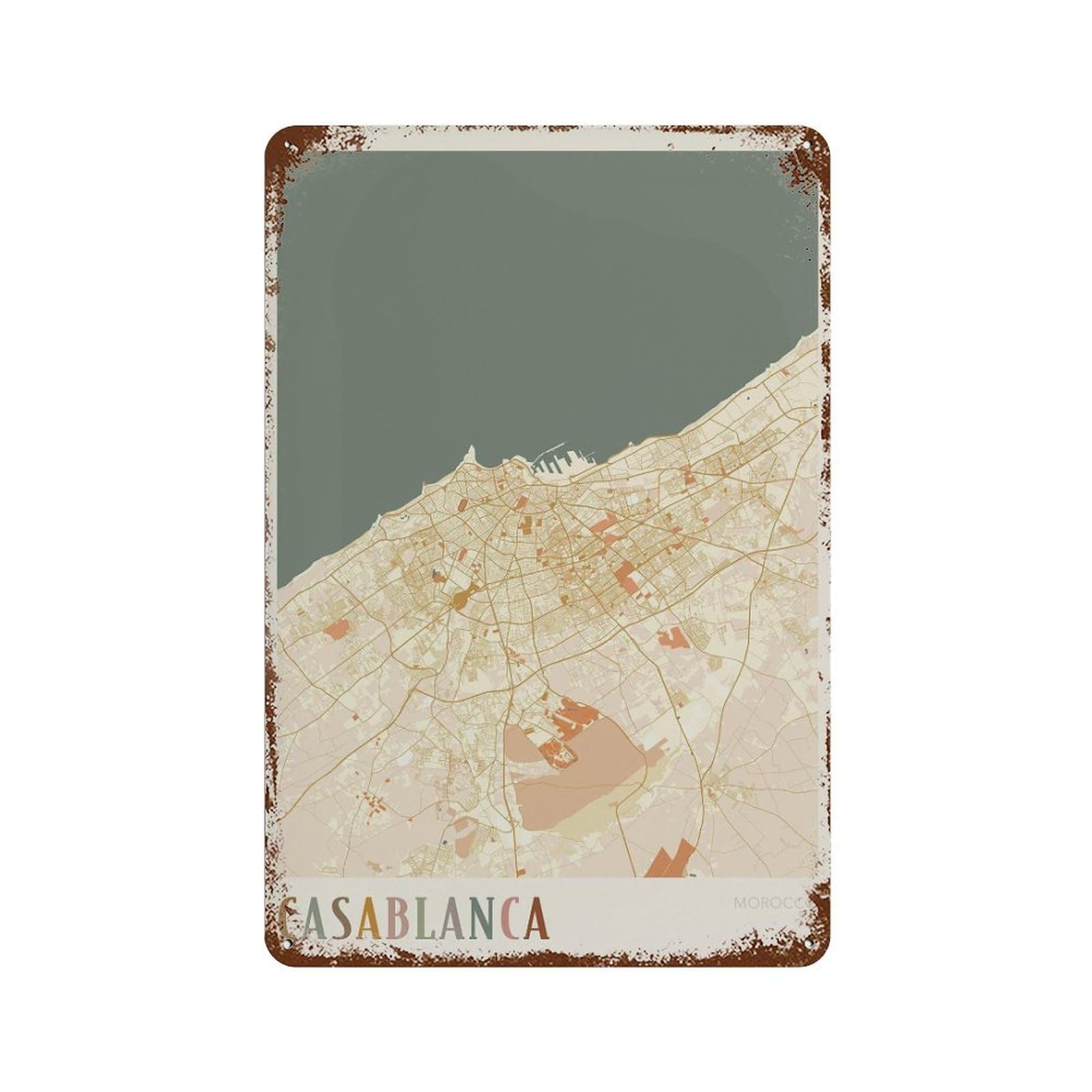 xiaoxiaoshen Casablanca Map Morocco Africa Travel Gift Boho Decor (2) Wall Decor Art Metal Tin Poster Modern Home Decor Art Home Bar Shop Decorations Vintage Sign 30x20cm