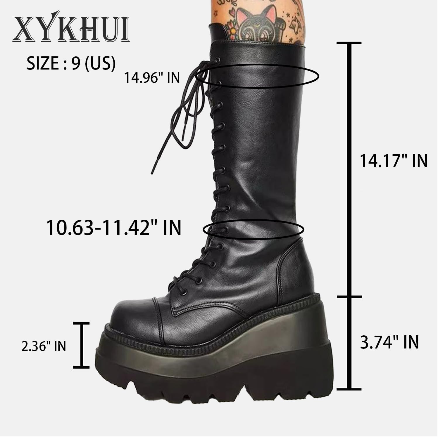 Womens Gothic Punk Platform Boots Chunky Wedge Heel Combat Boots Lace-Up and Zipper Round Toe Mid Calf Motorcycle Boot - Image 5