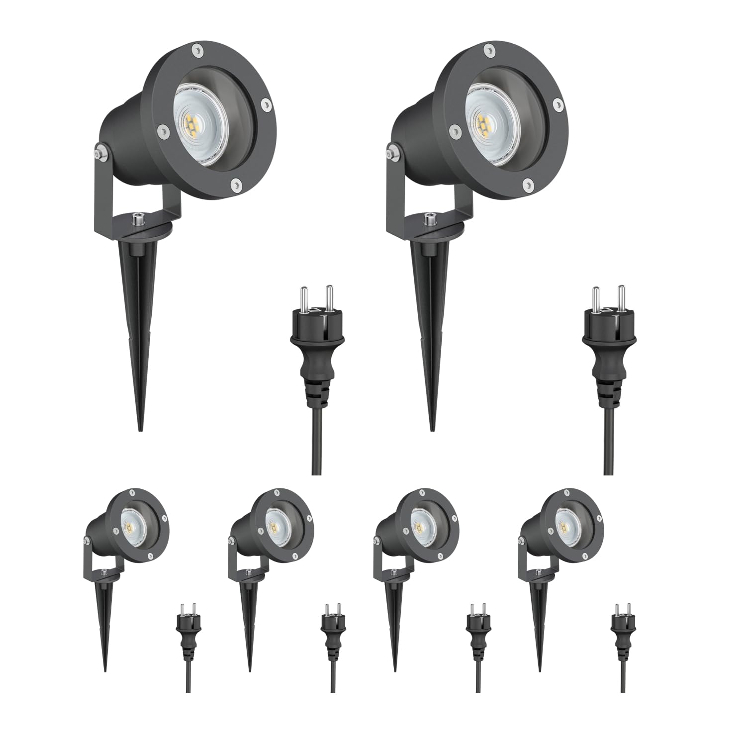 ledscom.de 6-elementowy reflektor ogrodowy LED DUK w kolorze antracytowym z kołkiem do wbijania w ziemię, do użytku na zewnątrz, IP65, w zestawie reflektor LED GU10 (ciepła biel, 5,4 W, 510 lm,