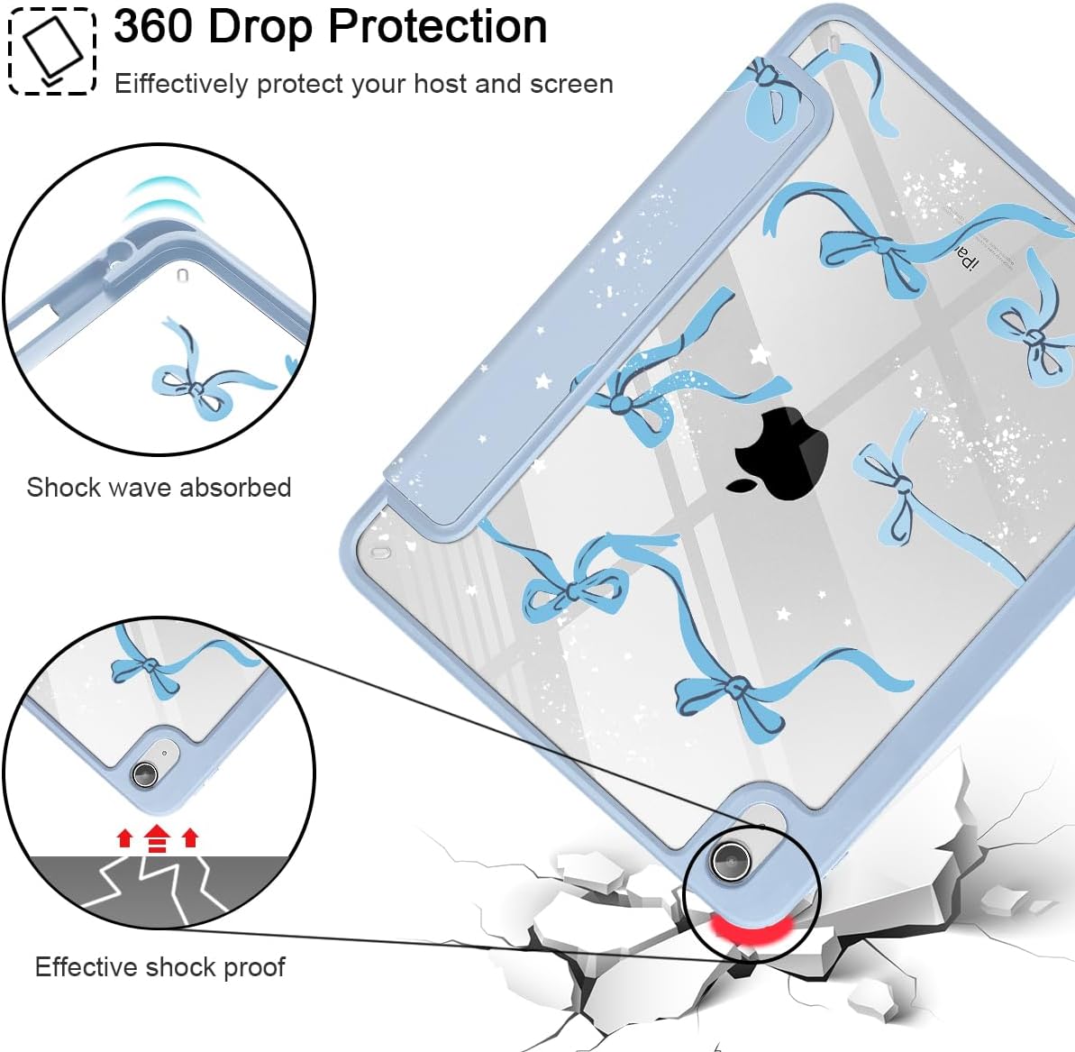 Tuiklol Case for iPad 11 inch (A16 Chip) 2025 Generation 11th / iPad 10.9 inch 2022 10th Gen, Buit in Pencil Holder with Shockproof Cover Clear Transparent Back Shell Auto Wake/Sleep, Bow-Blue - Image 6