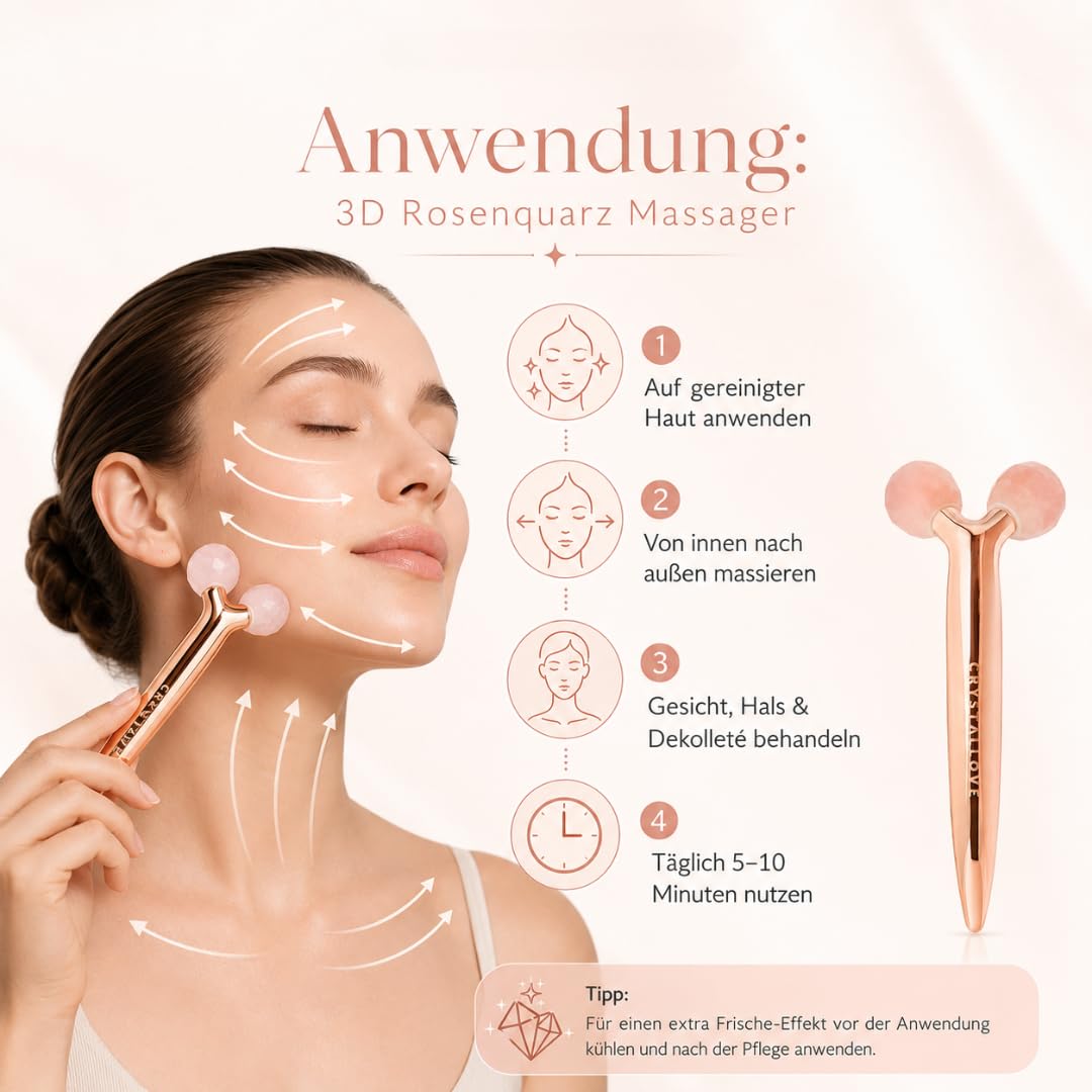 CRYSTALLOVE 3D Rosenquarz Gesichtsroller – Gesichtsmassagegerät für Lifting & Anti Aging – Massage Roller gegen Schwellungen & Augenringe – Beauty Tool für Gesicht, Hals & Dekolleté