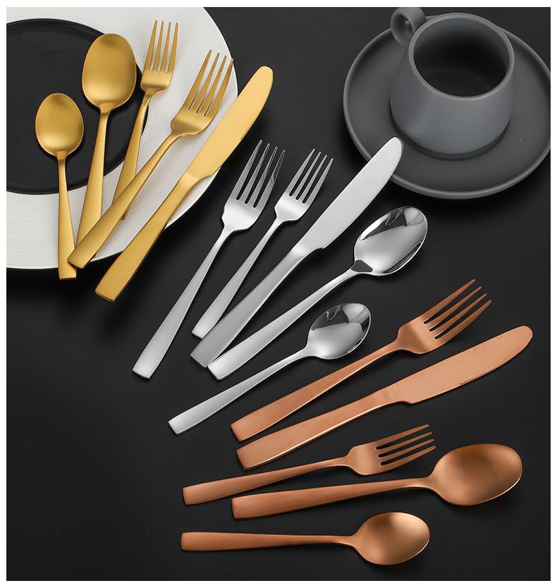 Ensemble de Couverts, 5/20/30/40/50/60 pièces, Couteau, Fourchette et cuillère en Acier Inoxydable – Manche carré, Service de Table 5 pièces Finition Miroir, Argent – Ensemble de 50 pièces p