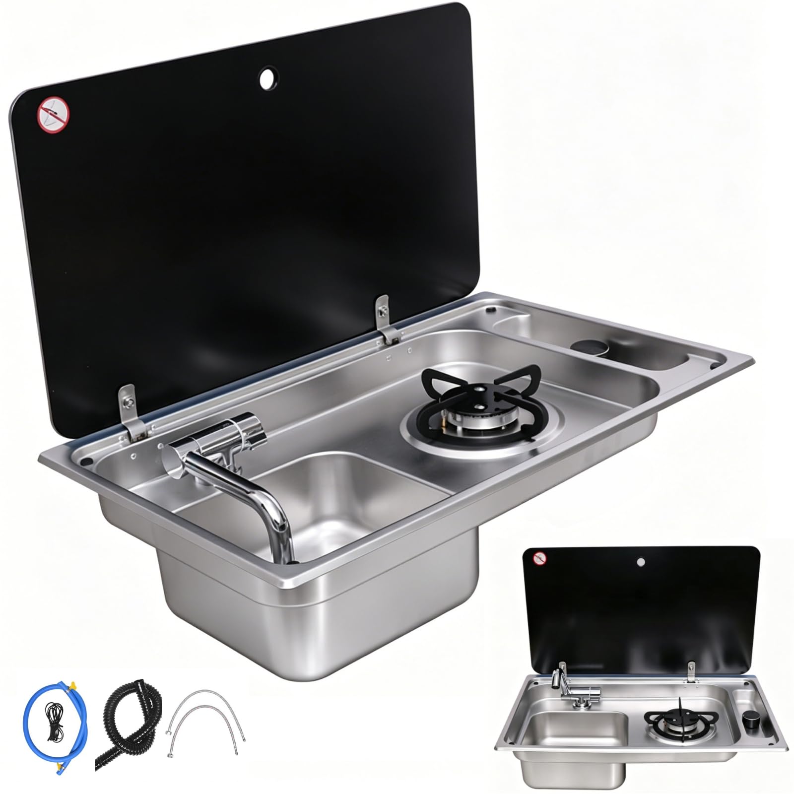 Lavabo 2 en 1 para caravana y compartimento de preparación con tapa de vidrio, inserto de acero inoxidable con boquilla plegable para caravana, furgoneta, remolque de viaje (negro/plateado)
