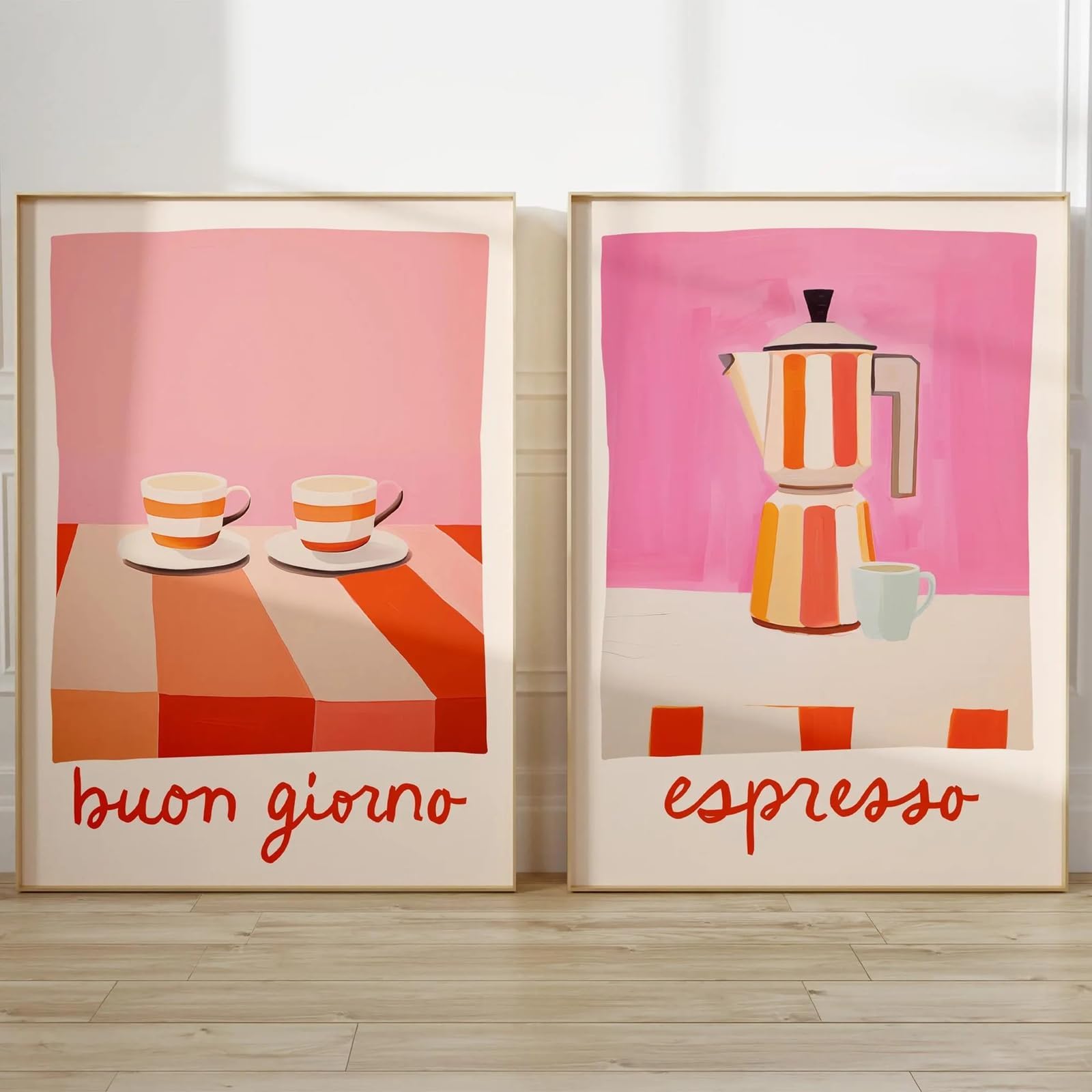 ZBELLO Set of 2 Posters, Pink Espresso Coffee and Mocha Pot Canvas Print, Vintage Aesthetic, Stylish Kitchen Decor For Walls, Cafés, Living Rooms, Kitchens and Bars, Unframed (50x70cm)