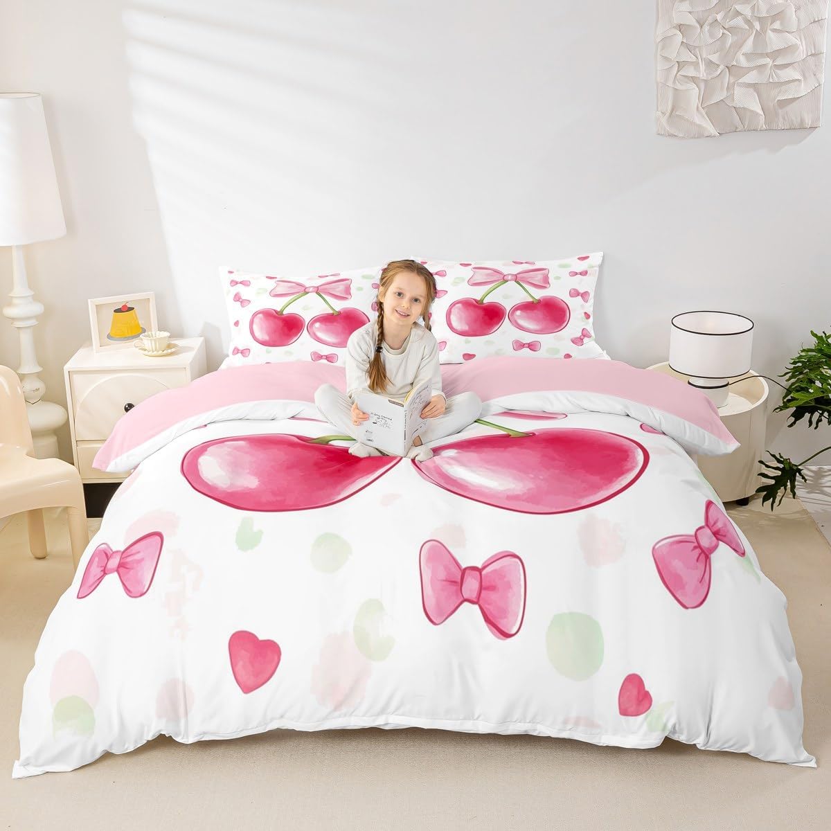 jejeloiu Pink Cherry Bedding Set Cherry Pattern Duvet Cover Set for Kids Boys Girls Cute Bowknot Bow Comforter Cover Cartoon Fruit Quilt Cover Bedroom Collection 2Pcs Toddler Size,No Comforter