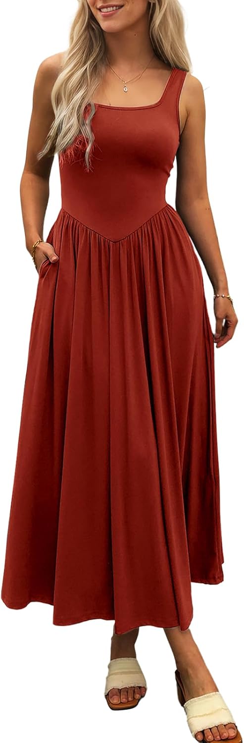Womens Summer Maxi Dress Sleeveless Beach Sundress with Pockets