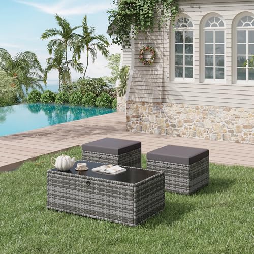 Image of HOMREST 3 Piece Patio Rattan Ottomans Set，Outdoor PE Wicker Footstool w /Removable Cushion, Storage Coffee Table & Multipurpose Footrest Stool for Porch, Poolside, Garden, Deck(Gray)