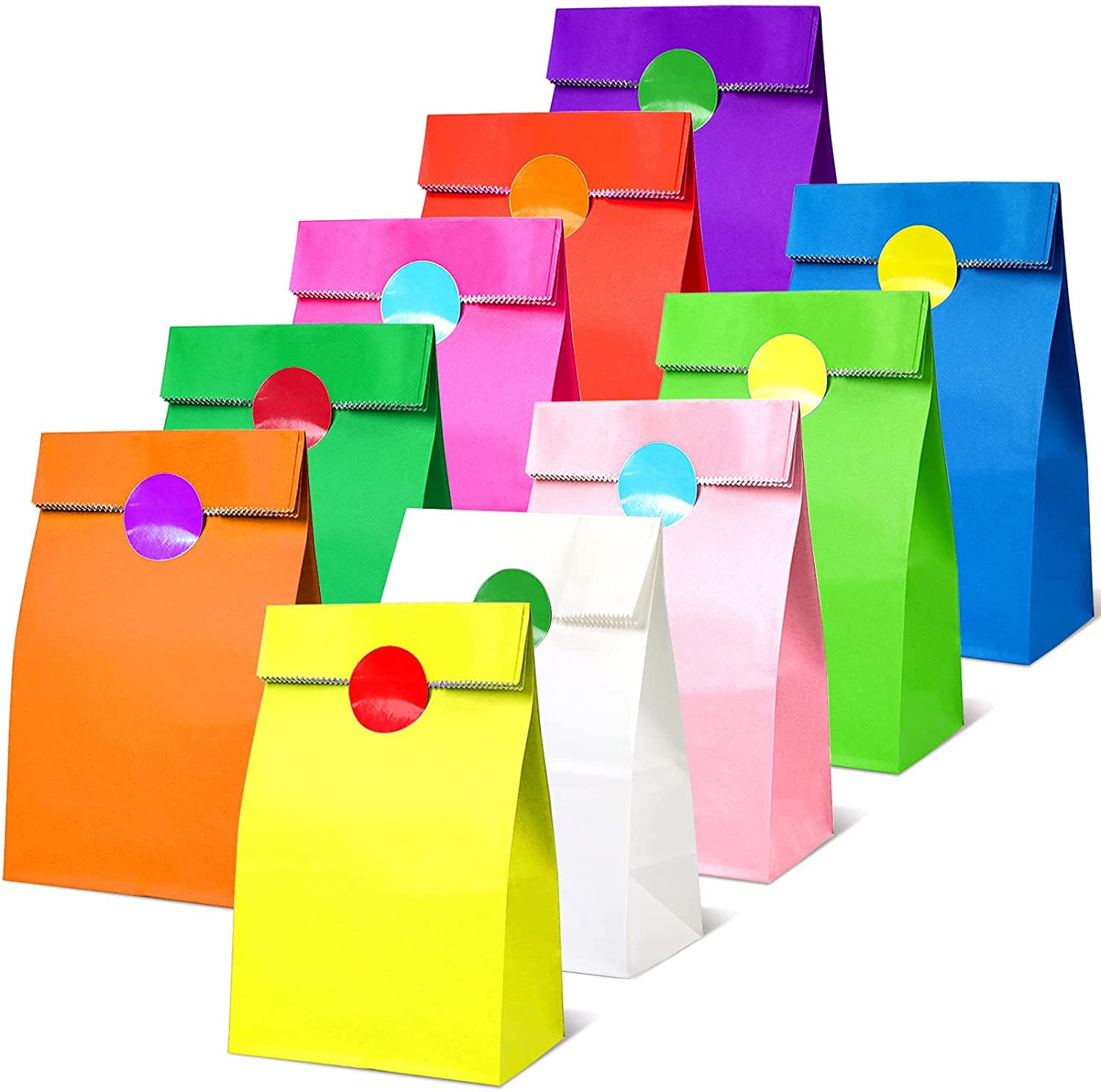 Thepaperbagstore 50 Rainbow Paper Party Bags with Colour Dot Stickers