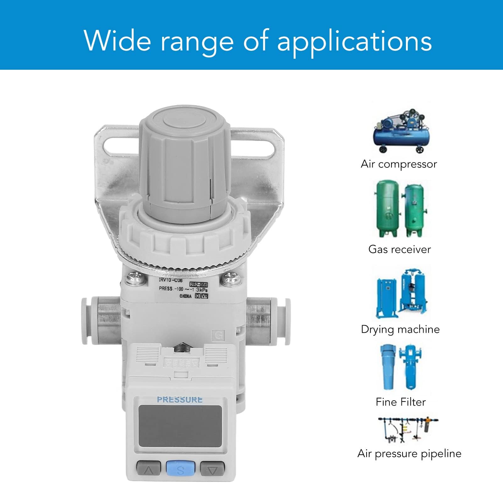 Regulador de Presión de Aire Neumático Kit - Válvula Reguladora de Presión con Manómetro Digital y Soporte Portátil, Rango de -100 a -1,3 kPa