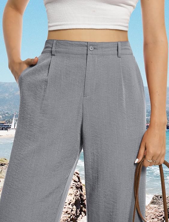 Women Casual Wide Leg Lounge Pants High Waisted Button Down Straight Palazzo Pants Stretch Beach Vacation Trouser2