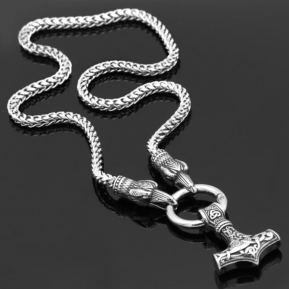 Nordische Mythologie Edelstahl Doppel Rabenköpfe Halskette, Runder Schnallenring, Thors Hammer Anhänger, Dicke Kette, Wikinger Mjolnir Amulette, Retro Skandinavischer Schmuck