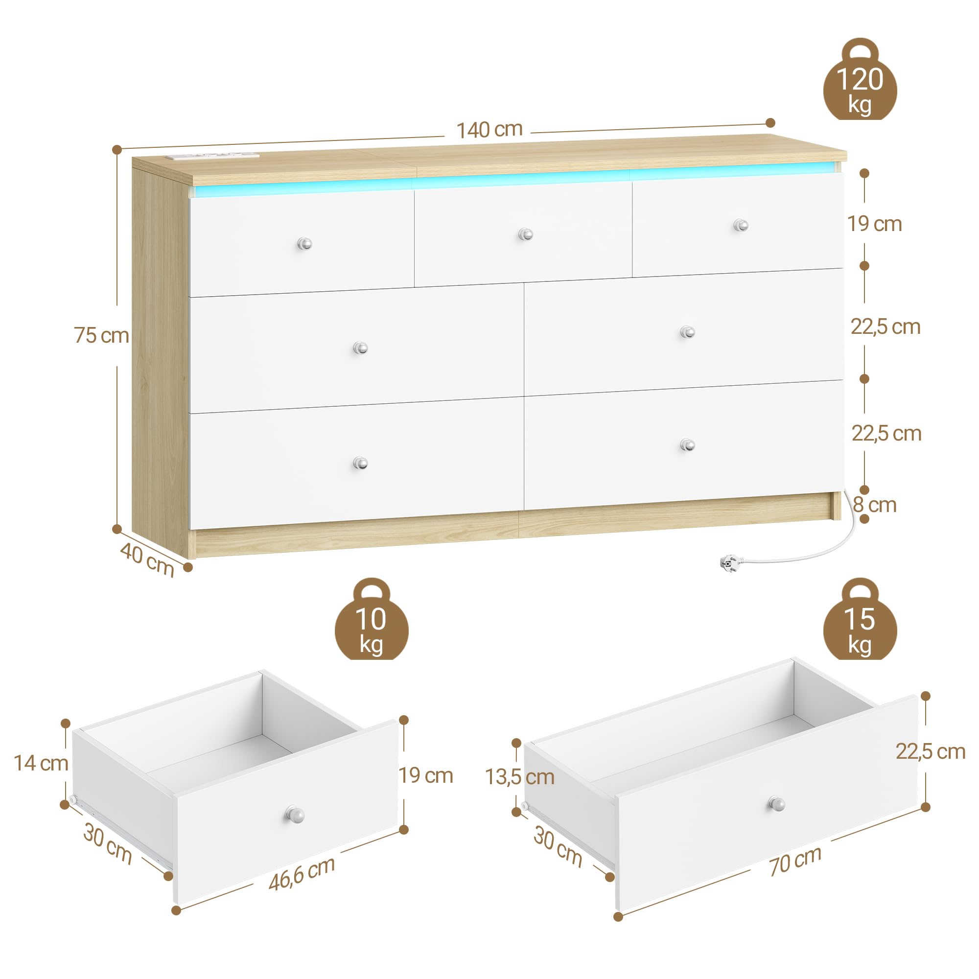 Hzuaner Cómoda Equipada con LED y Regleta de eEnchufes, 7 Cajones, 140 cm