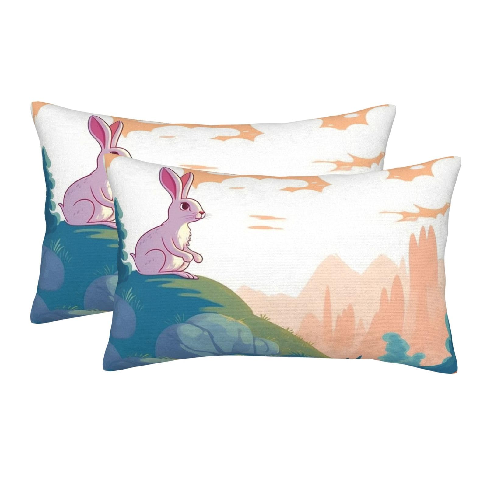 2 Pack Standard Size Pillow Cases for Hair and Skin Soft Breathable Pillow Case Covers with Hidden Zipper Rabbit and Landscape Pillowcase 16"x24" Pillow Cover for Sleeping Gift