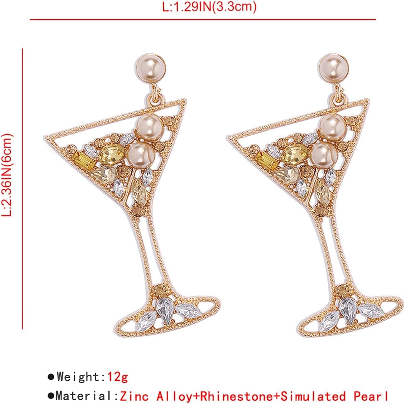 COLORFULBLING Handmade Champagne Martini Wine Glass Dangle Earrings Shiny Rhinestones Crystal Pearl Beaded Drop Earrings Charming Cocktail Glass Lovely Pencil Rugby Earrings for Women Jewelry Gift(Champagne cup) - Image 4
