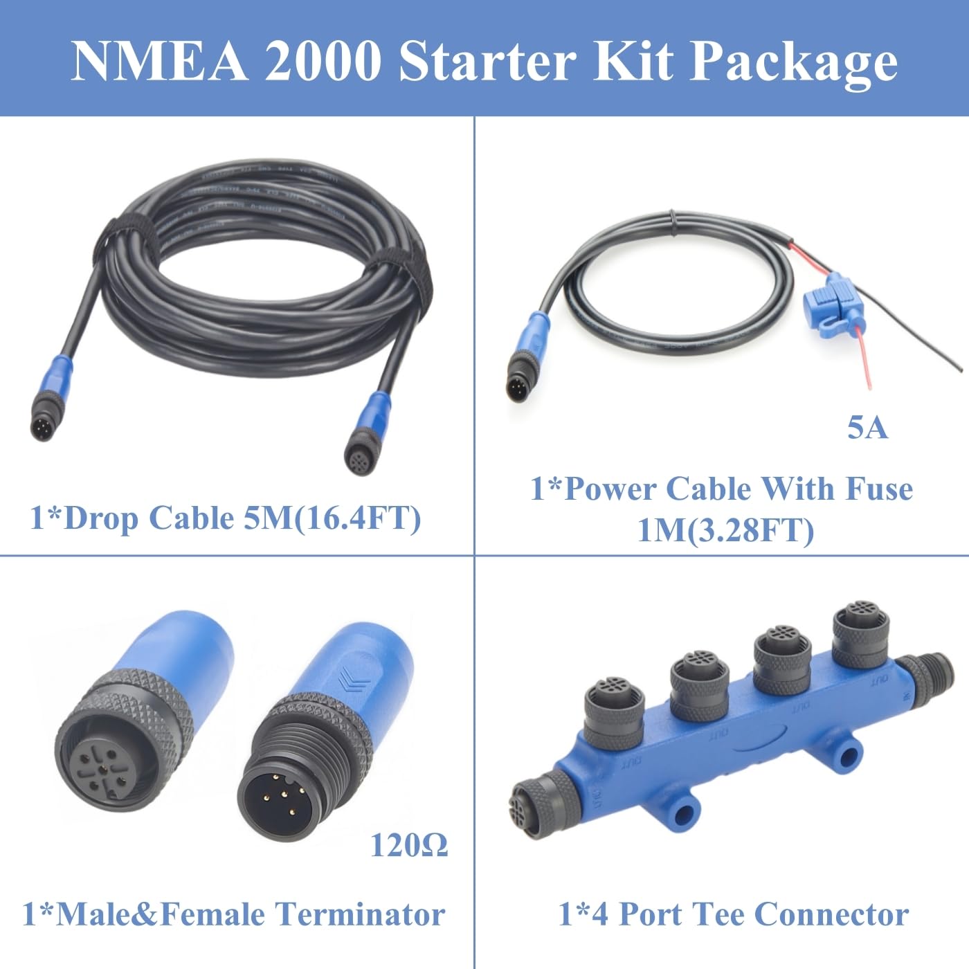 Kit di avvio NMEA 2000 N2K, cavo backbone di grado marino, cavo drop, T-piece a 4 porte, terminatori, cavo di alimentazione con fusibile per Lowrance Simrad Garmin (Kit 1)
