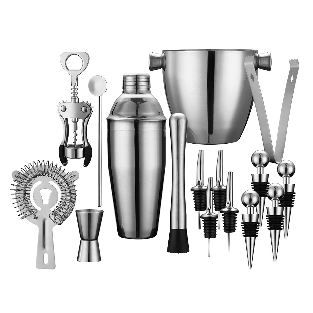 Professional Vino e Cocktail Mixing Bar Set by, Large 25 oz. Shaker in Acciaio Inossidabile, Secchiello per Il Ghiaccio, pestello, Doppio Jigger, 4 Liquor Bottle Pourers, Strainer, Filtro Conico