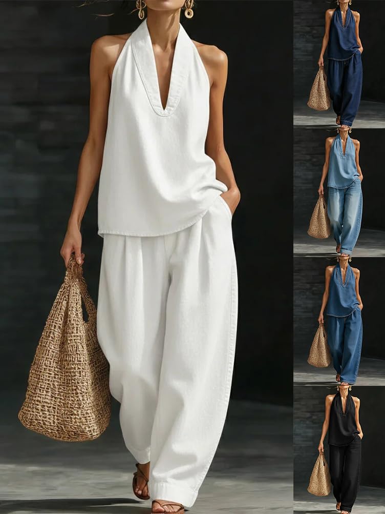 shownicer Completo Donna Elegante Tuta Estivo 2 Pezzi Set Senza Maniche Top E Jeans Pantaloni Curvy Completo Scollo a V Due Pezzi Set Completi Tute
