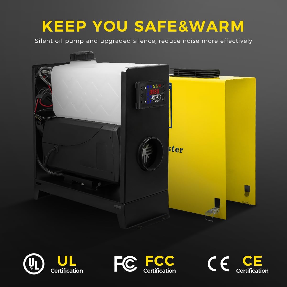Diagram showing all components included with the Sunster 8KW Diesel Heater: the main heater unit, remote control, air filter, fixed plate, air outlet pipe, intake pipe, exhaust pipe, manual, battery power card, fixture accessories set, AC-DC adapter power, and silencer.