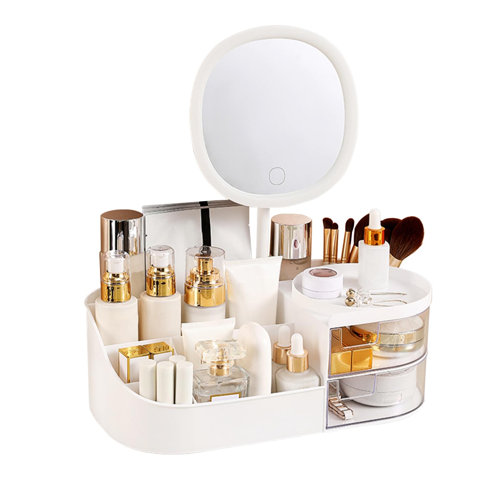 DASITON Makeup Organiser with Rechargeable Mirror, Large Capacity Dressing Table Organiser with 2 Drawers