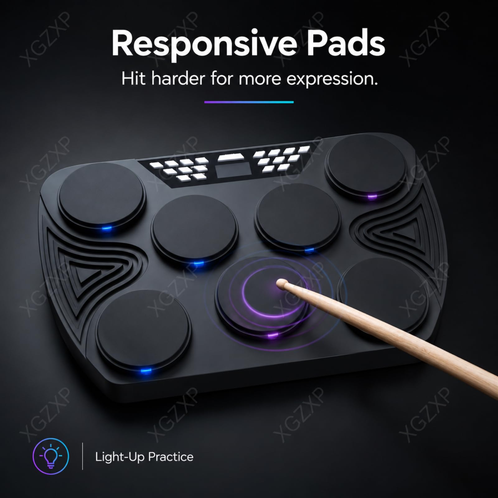 Batteria Elettronica Portatile da Tavolo, con 2 Pedali, Sensore di velocità Intelligente/Illuminazione, Altoparlanti Integrati, Supporto per Connessione Pc per Casa E Studio.