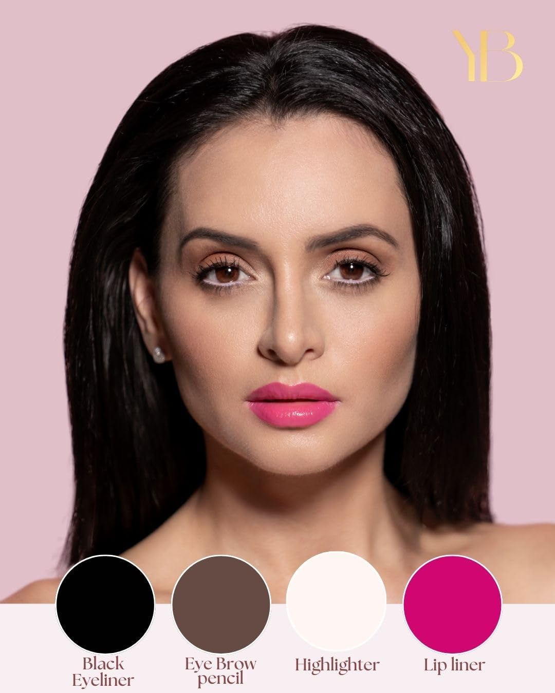Lápiz de retoque de maquillaje 4 en 1 con delineador de labios rosa intenso, delineador de ojos negro, lápiz de cejas marrón oscuro e iluminador blanco brillante, bolígrafo de belleza 7