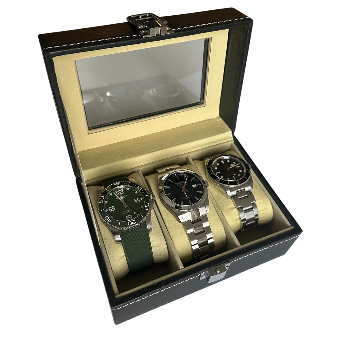 NFBCXUTKW Watch Box 2/4/8 Slots, Black, Watch Display Case, Watch Storage Box with Removable Cushion, Metal Clasp, PU Leather, Jewellery Box, Watch Box for Men, Gift Idea for Men (3 Slots)